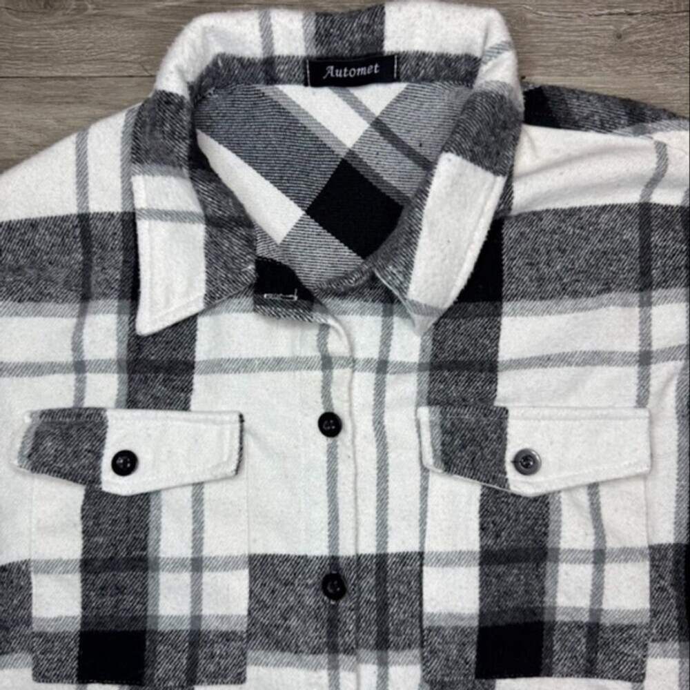Black White Plaid Flannel Shacket Jacket Button Down Oversized XL Unisex - Picture 6 of 7